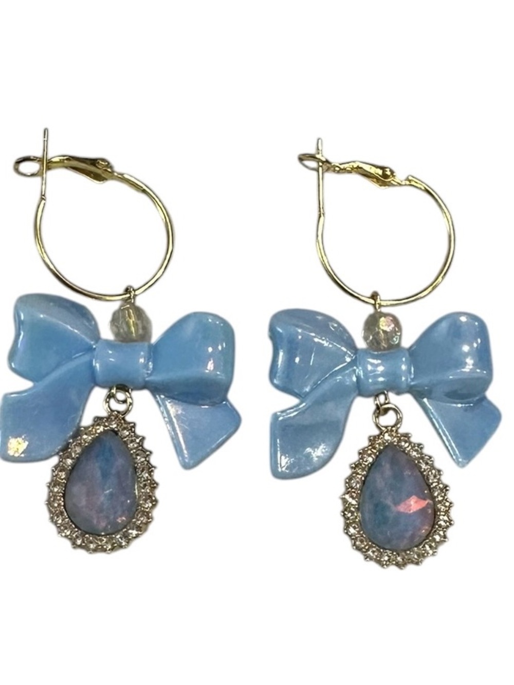Haus of Lenora: Boutique Blue Bow Drop Earrings with Iridescent Rhinestone